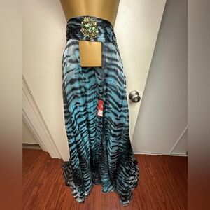 Bicici Turquoise Black Animal Print‎ Open Front Jeweled Waist Maxi Skirt NWT M